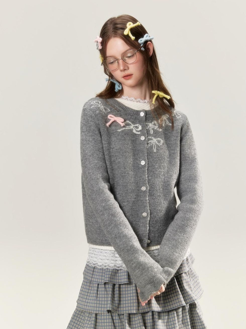 Grey Crewneck Embroidered Bow Animal Motif Women's Acrylic Blend Cardigans