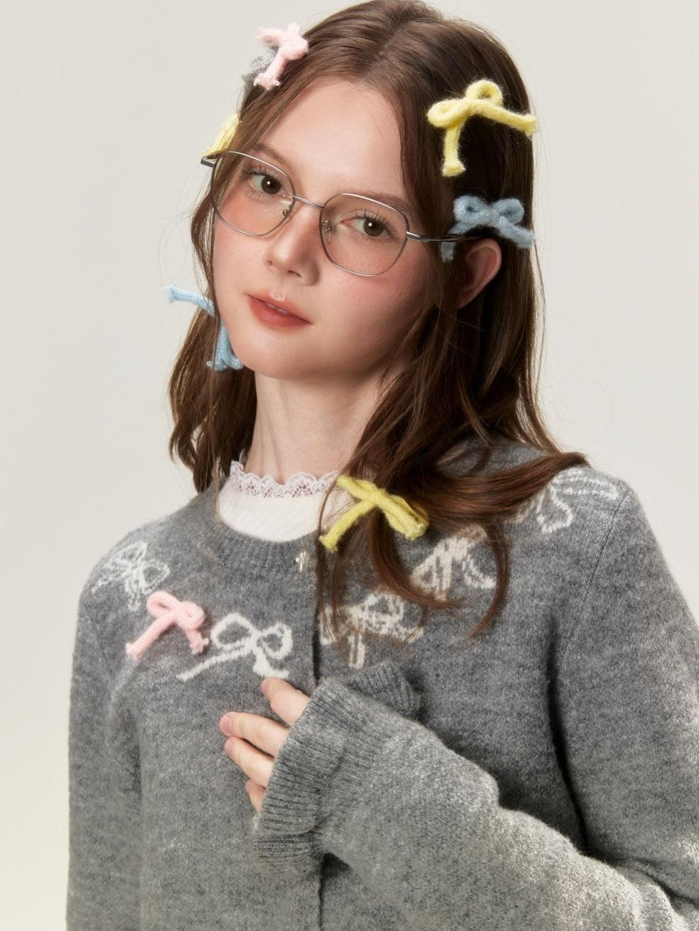 Grey Crewneck Embroidered Bow Animal Motif Women's Acrylic Blend Cardigans