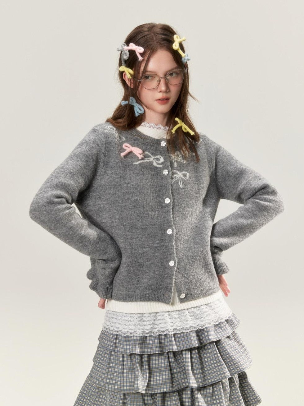 Grey Crewneck Embroidered Bow Animal Motif Women's Acrylic Blend Cardigans