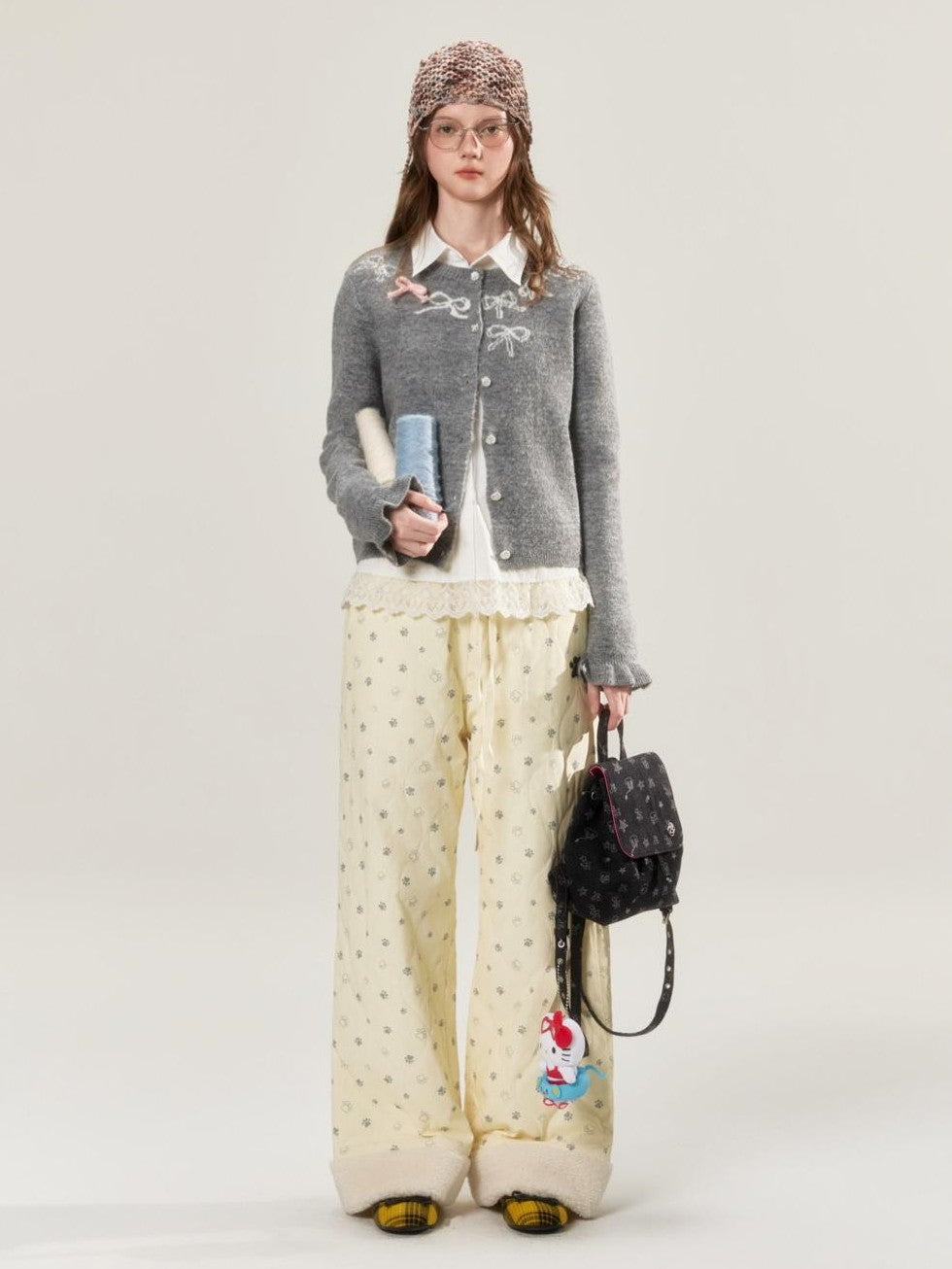Grey Crewneck Embroidered Bow Animal Motif Women's Acrylic Blend Cardigans