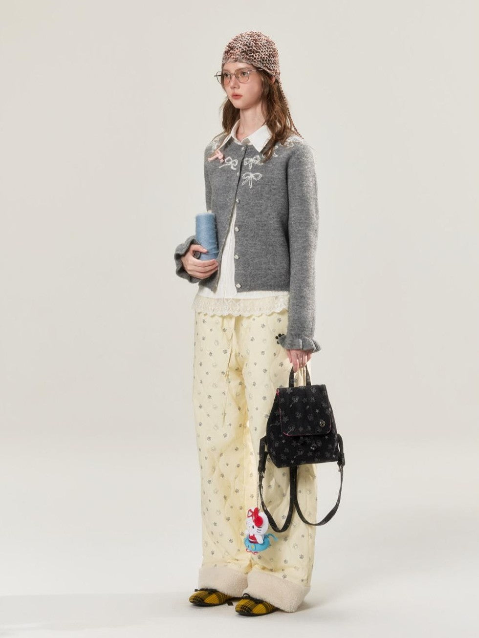 Grey Crewneck Embroidered Bow Animal Motif Women's Acrylic Blend Cardigans