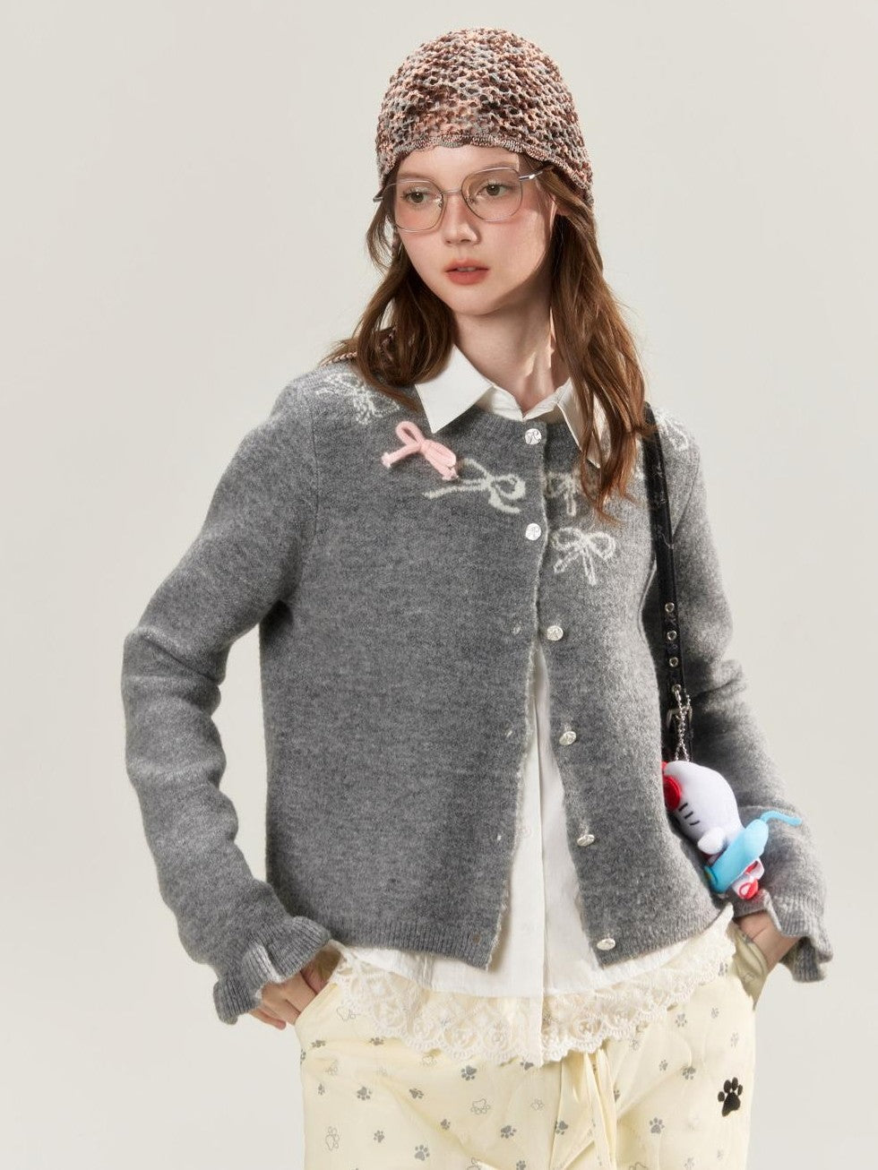 Grey Crewneck Embroidered Bow Animal Motif Women's Acrylic Blend Cardigans