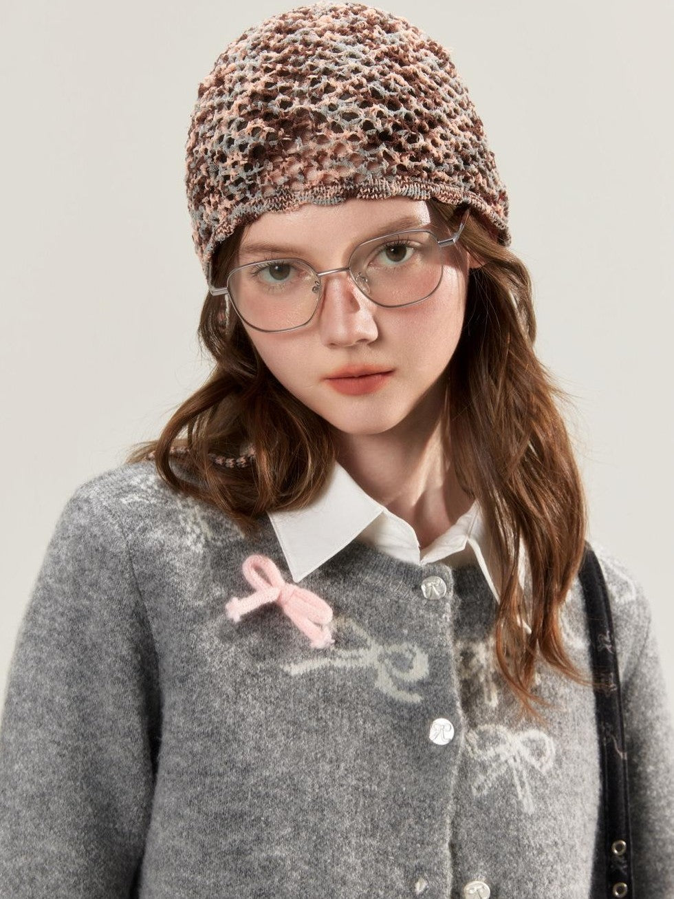 Grey Crewneck Embroidered Bow Animal Motif Women's Acrylic Blend Cardigans