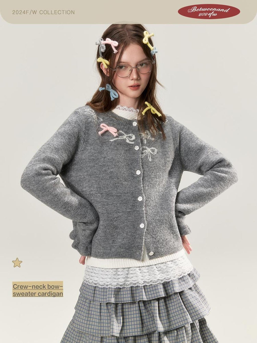 Grey Crewneck Embroidered Bow Animal Motif Women's Acrylic Blend Cardigans