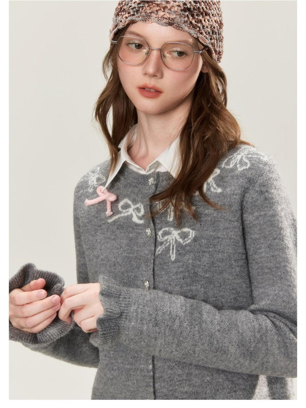 Grey Crewneck Embroidered Bow Animal Motif Women's Acrylic Blend Cardigans