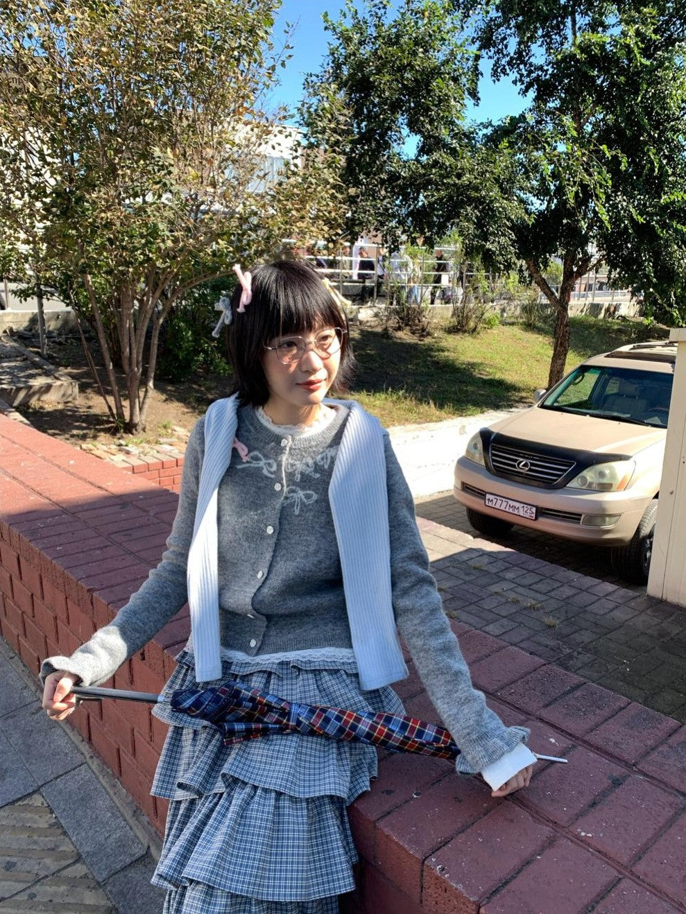 Grey Crewneck Embroidered Bow Animal Motif Women's Acrylic Blend Cardigans