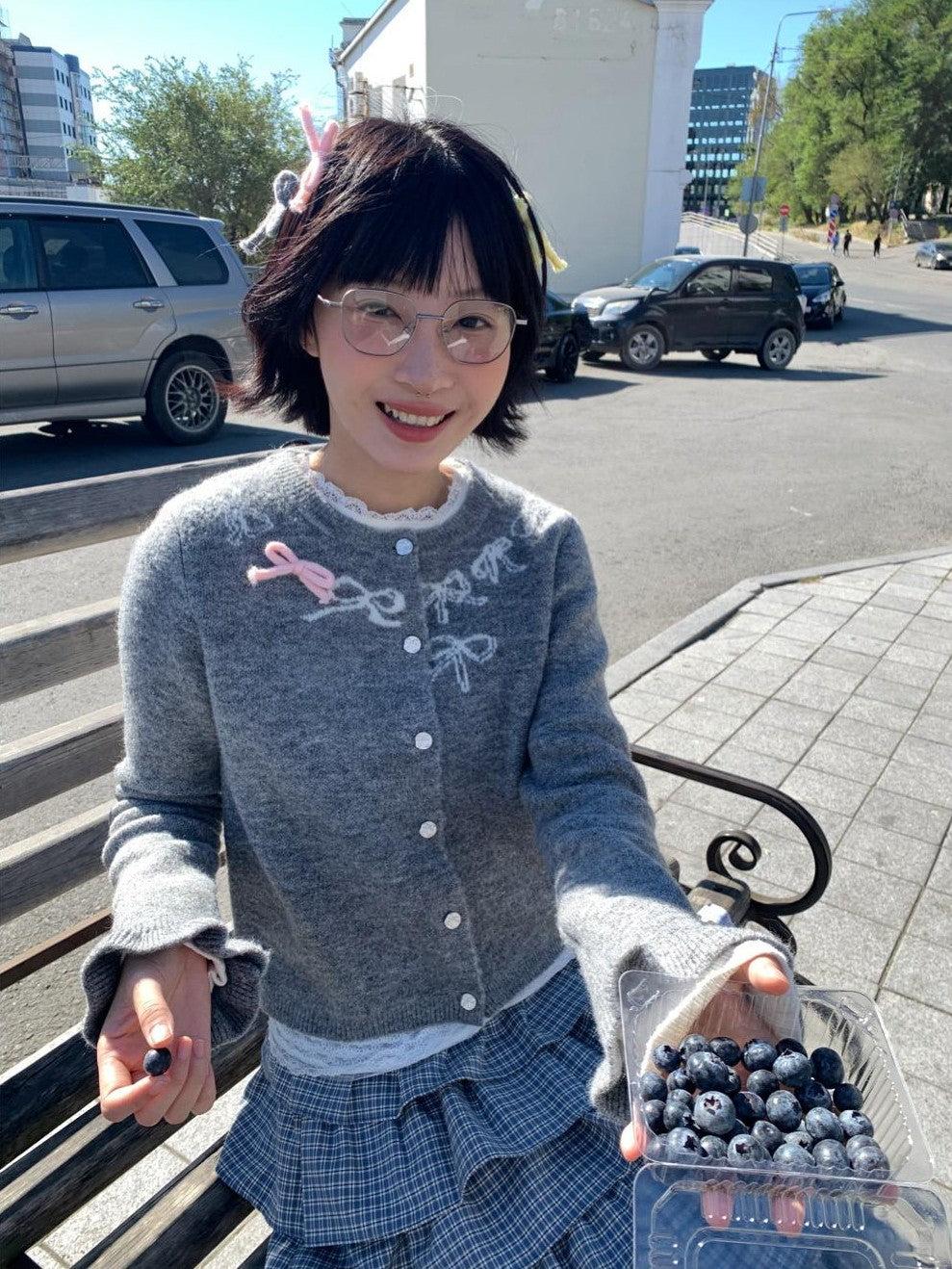 Grey Crewneck Embroidered Bow Animal Motif Women's Acrylic Blend Cardigans
