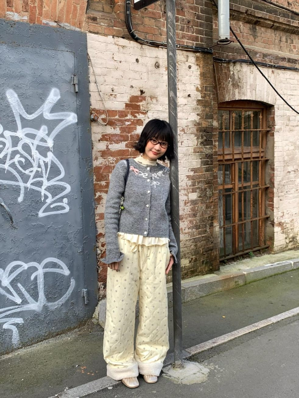 Grey Crewneck Embroidered Bow Animal Motif Women's Acrylic Blend Cardigans
