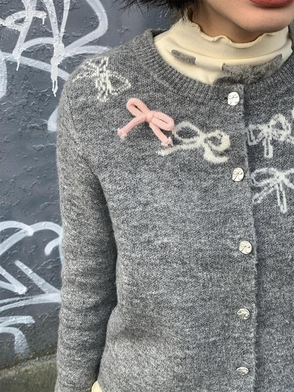 Grey Crewneck Embroidered Bow Animal Motif Women's Acrylic Blend Cardigans