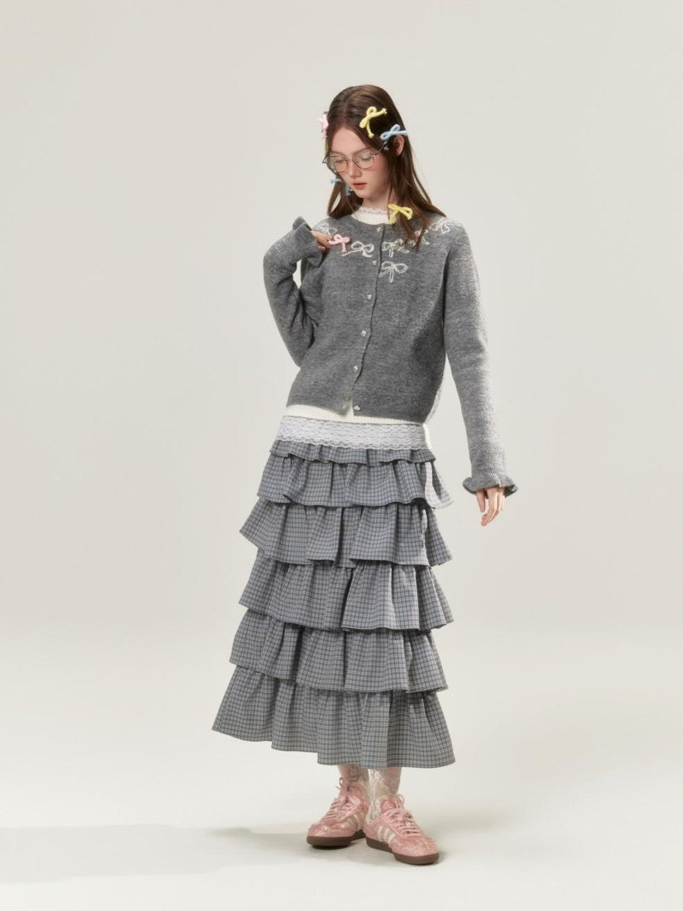 Grey Crewneck Embroidered Bow Animal Motif Women's Acrylic Blend Cardigans