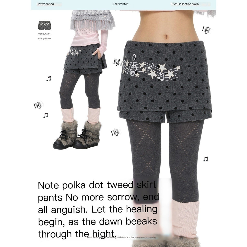 Grey Embroidered Musical Note Polka Dot High Waist Women's Woolen Chino Shorts