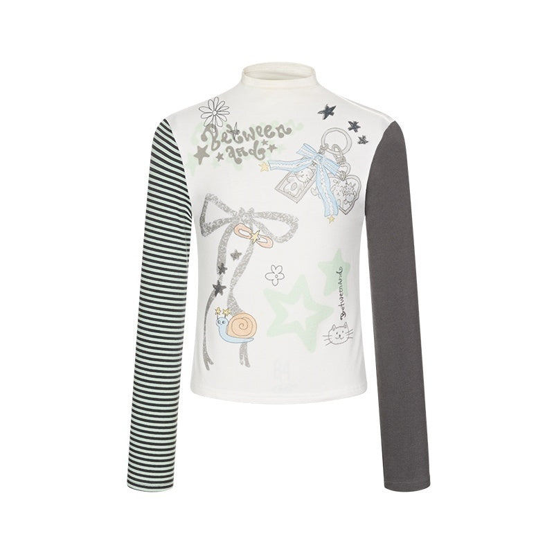 Hand Painted Bow Gray Green Stripe Women's Viscose Cotton Long Sleeve T-shirts
