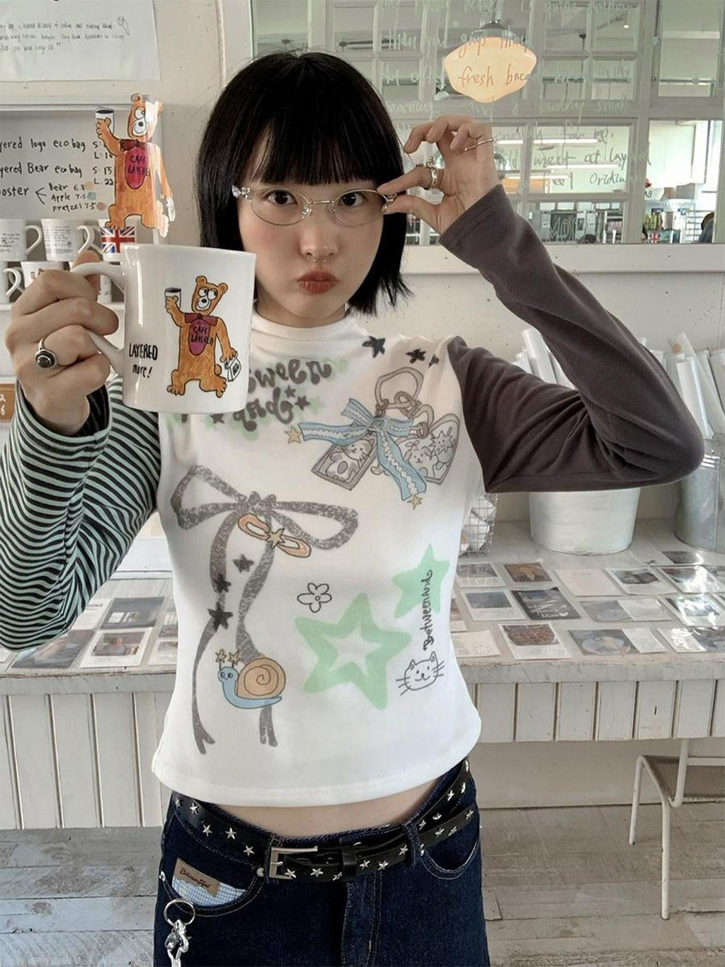 Hand Painted Bow Gray Green Stripe Women's Viscose Cotton Long Sleeve T-shirts