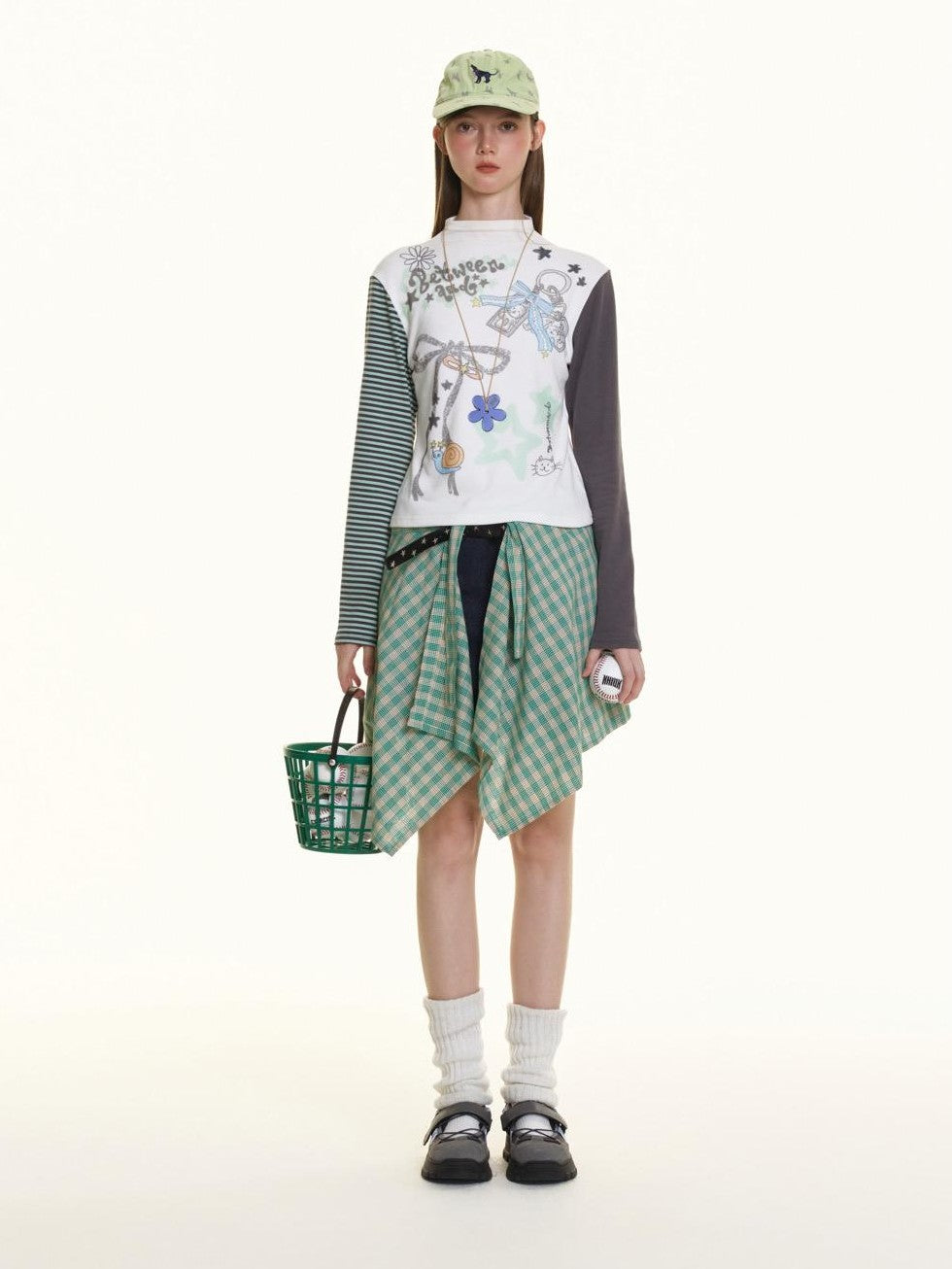Hand Painted Bow Gray Green Stripe Women's Viscose Cotton Long Sleeve T-shirts