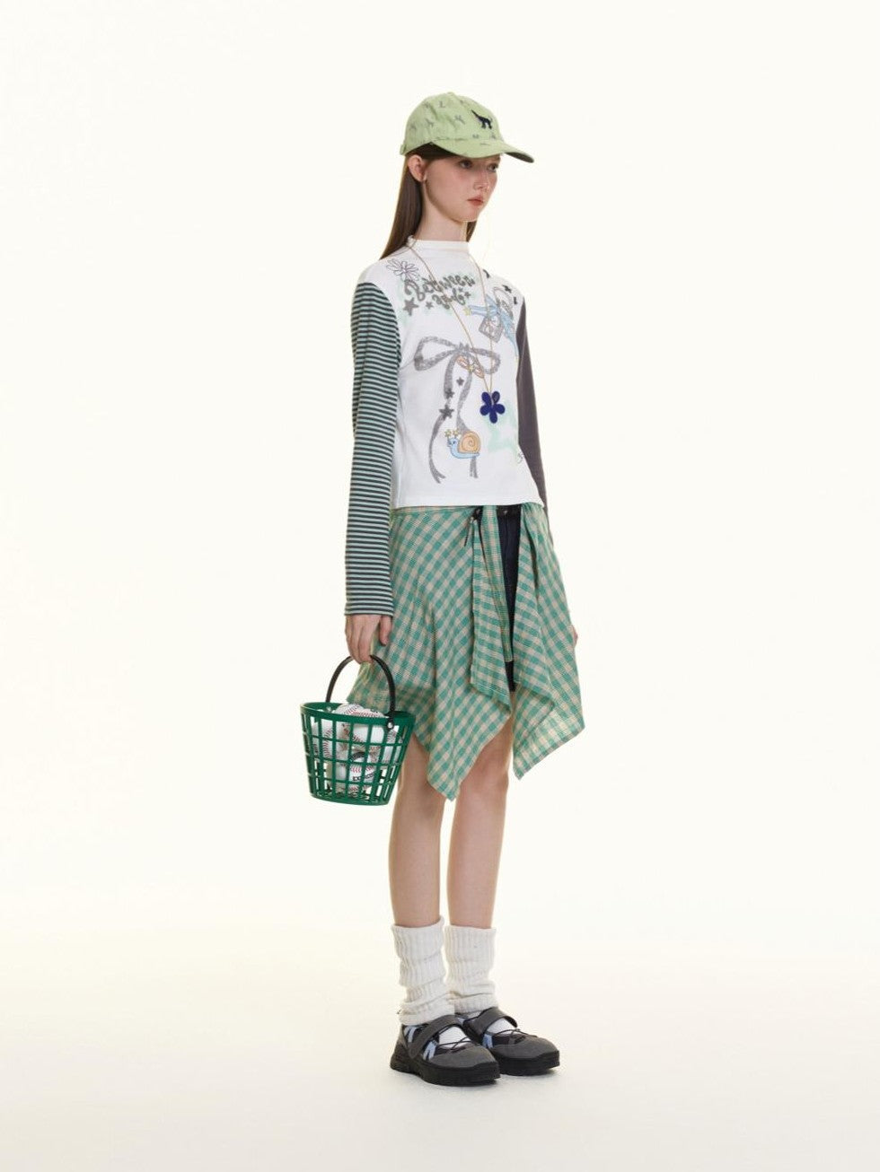 Hand Painted Bow Gray Green Stripe Women's Viscose Cotton Long Sleeve T-shirts