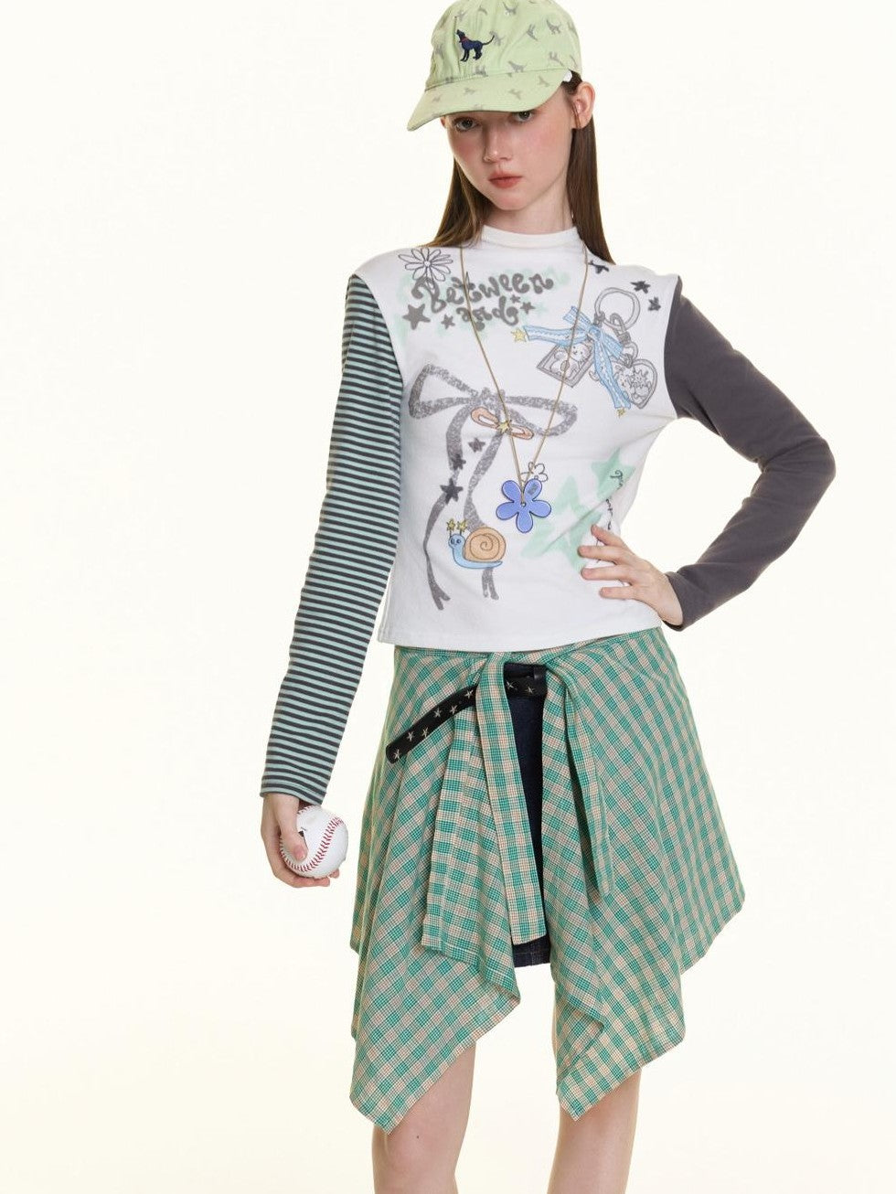 Hand Painted Bow Gray Green Stripe Women's Viscose Cotton Long Sleeve T-shirts