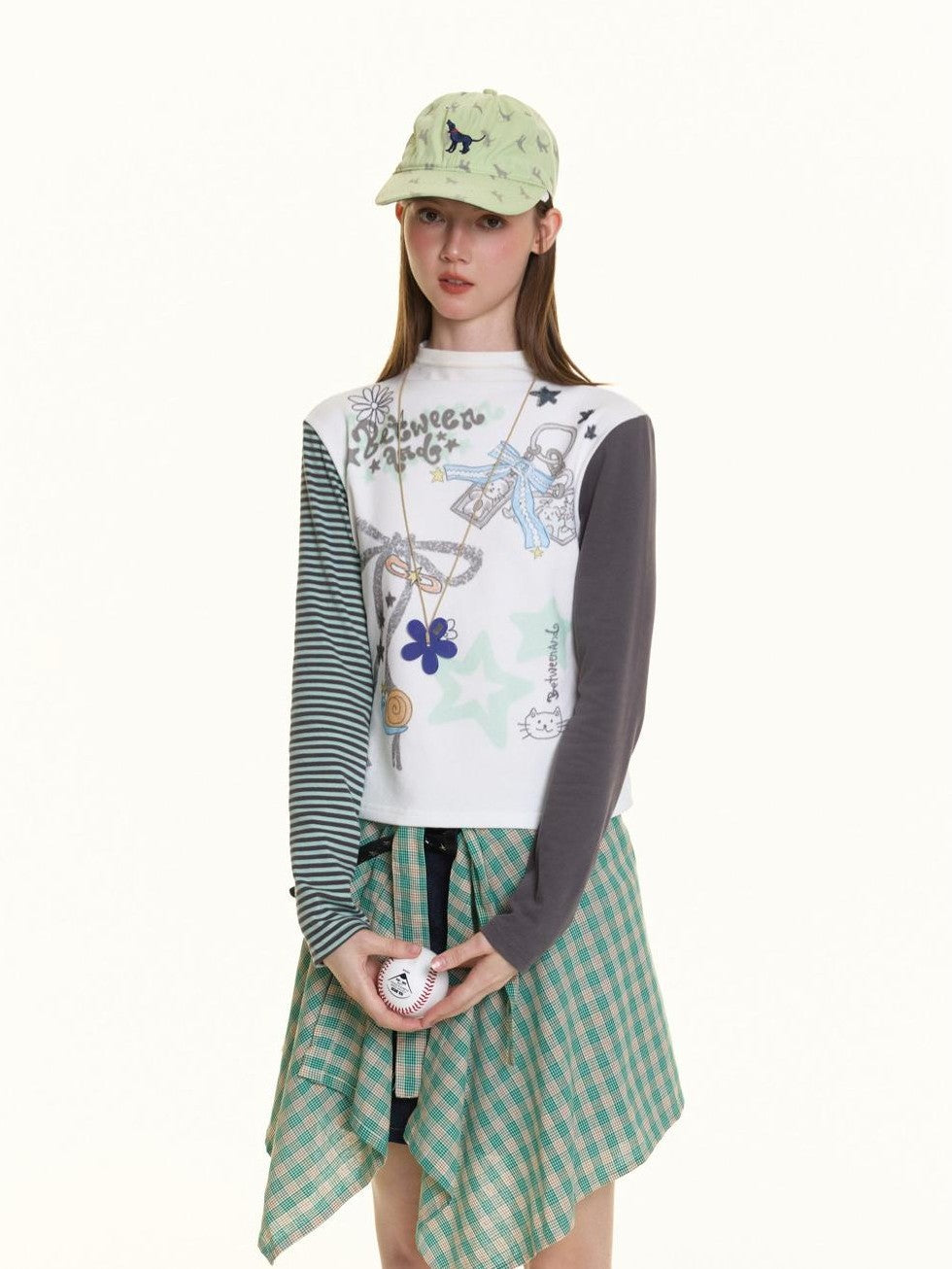 Hand Painted Bow Gray Green Stripe Women's Viscose Cotton Long Sleeve T-shirts
