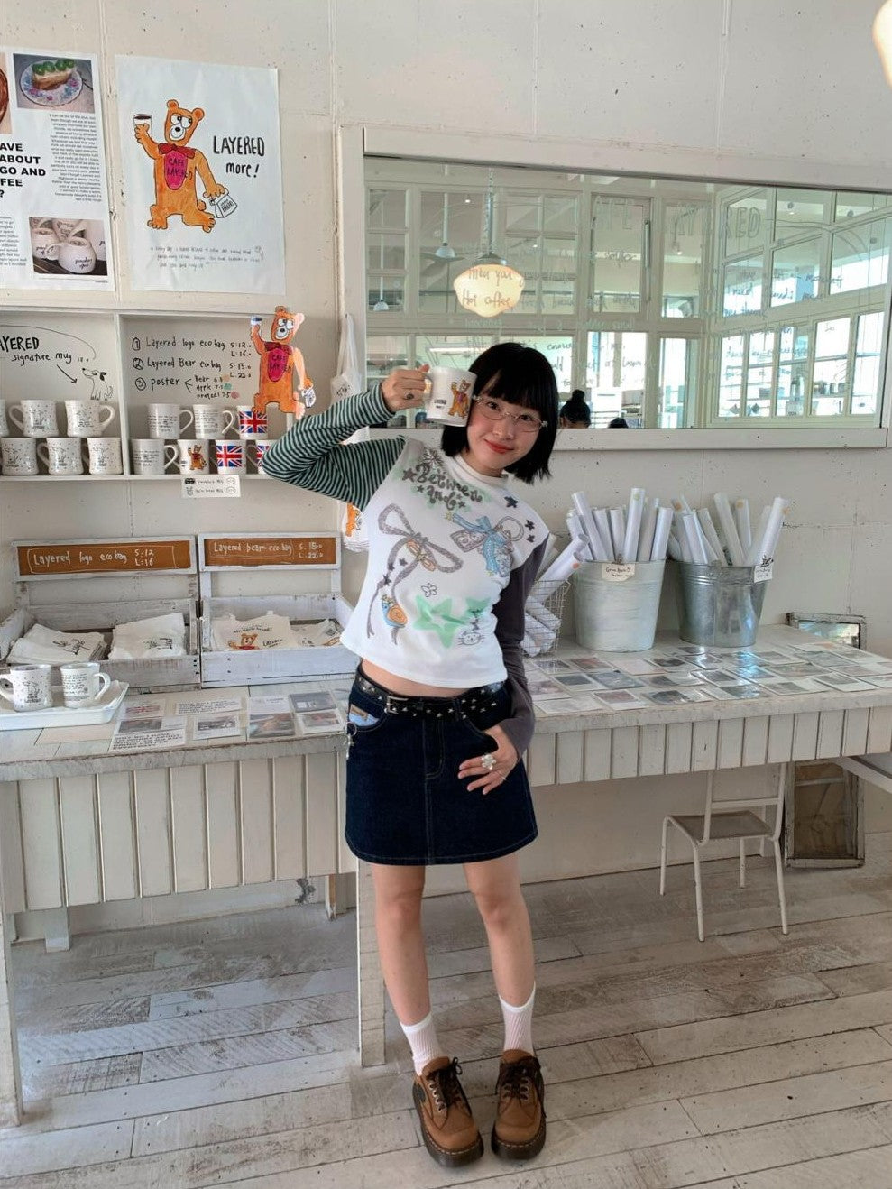 Hand Painted Bow Gray Green Stripe Women's Viscose Cotton Long Sleeve T-shirts