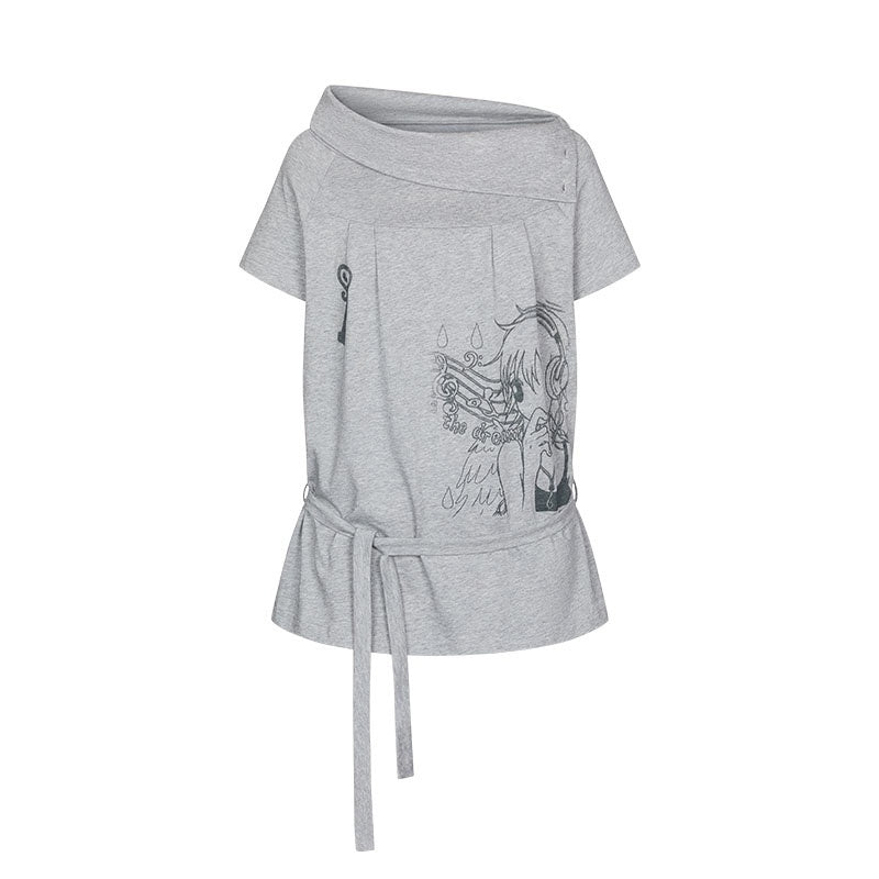 Heather Gray Multiway Polo Collar Loose Fit Women's Cotton Short Sleeve T-shirts