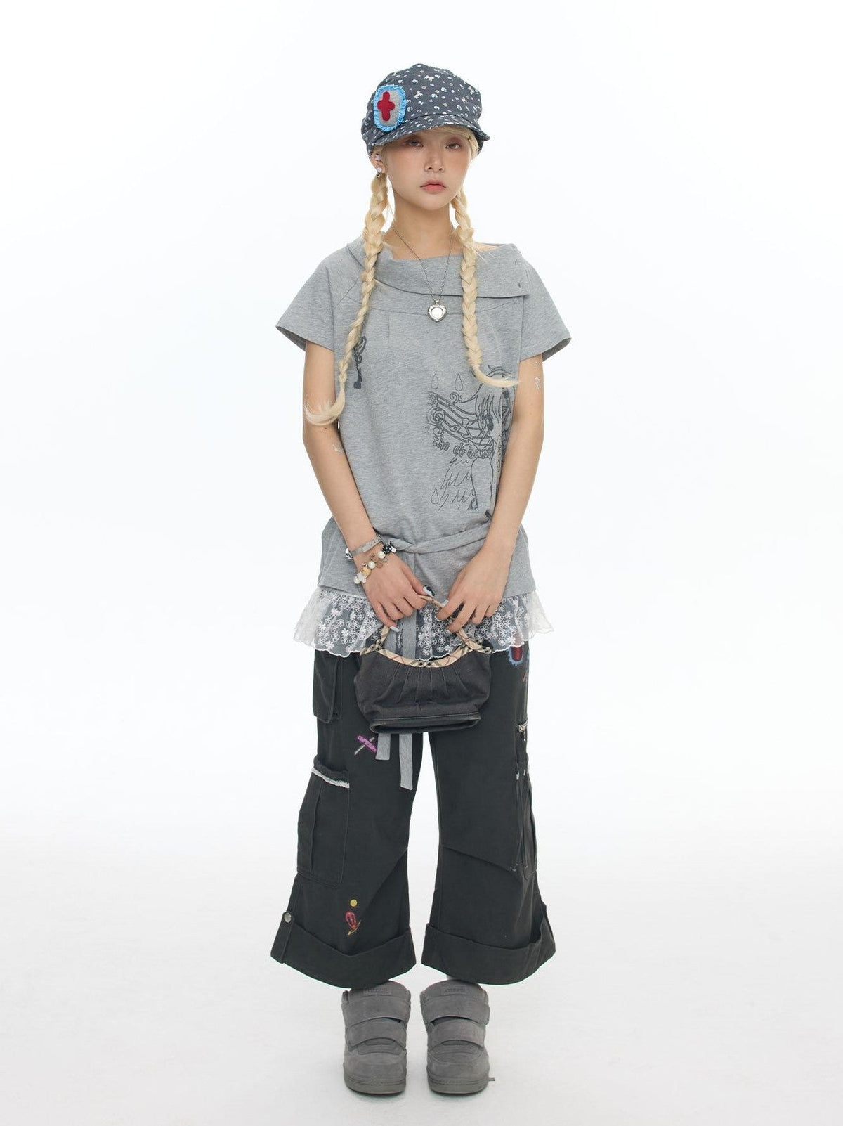 Heather Gray Multiway Polo Collar Loose Fit Women's Cotton Short Sleeve T-shirts