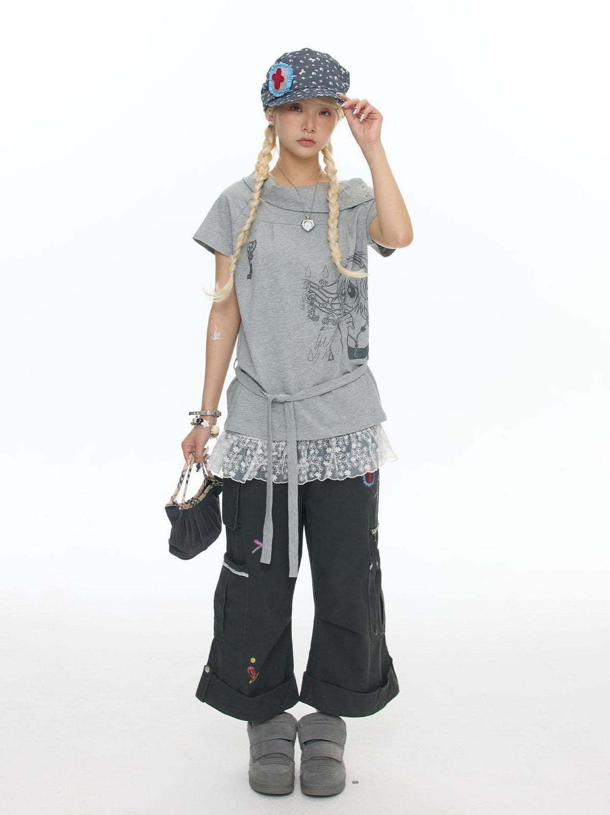 Heather Gray Multiway Polo Collar Loose Fit Women's Cotton Short Sleeve T-shirts