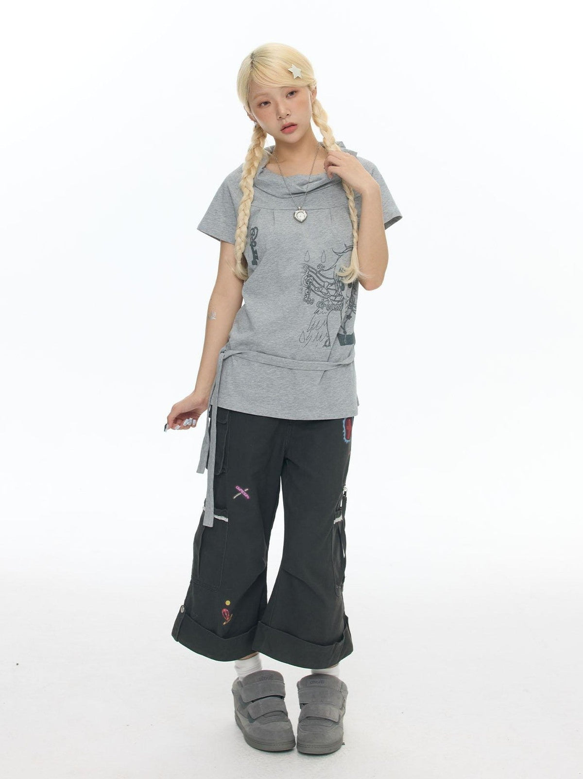 Heather Gray Multiway Polo Collar Loose Fit Women's Cotton Short Sleeve T-shirts