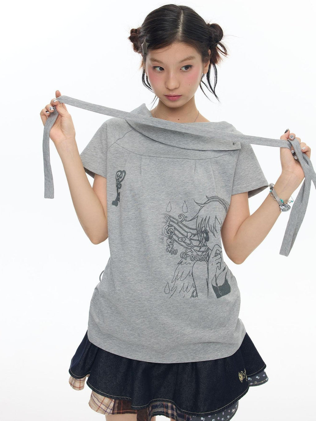 Heather Gray Multiway Polo Collar Loose Fit Women's Cotton Short Sleeve T-shirts