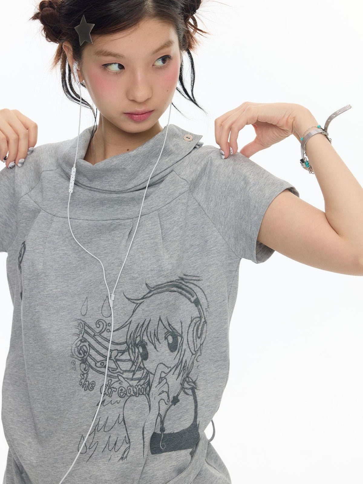 Heather Gray Multiway Polo Collar Loose Fit Women's Cotton Short Sleeve T-shirts