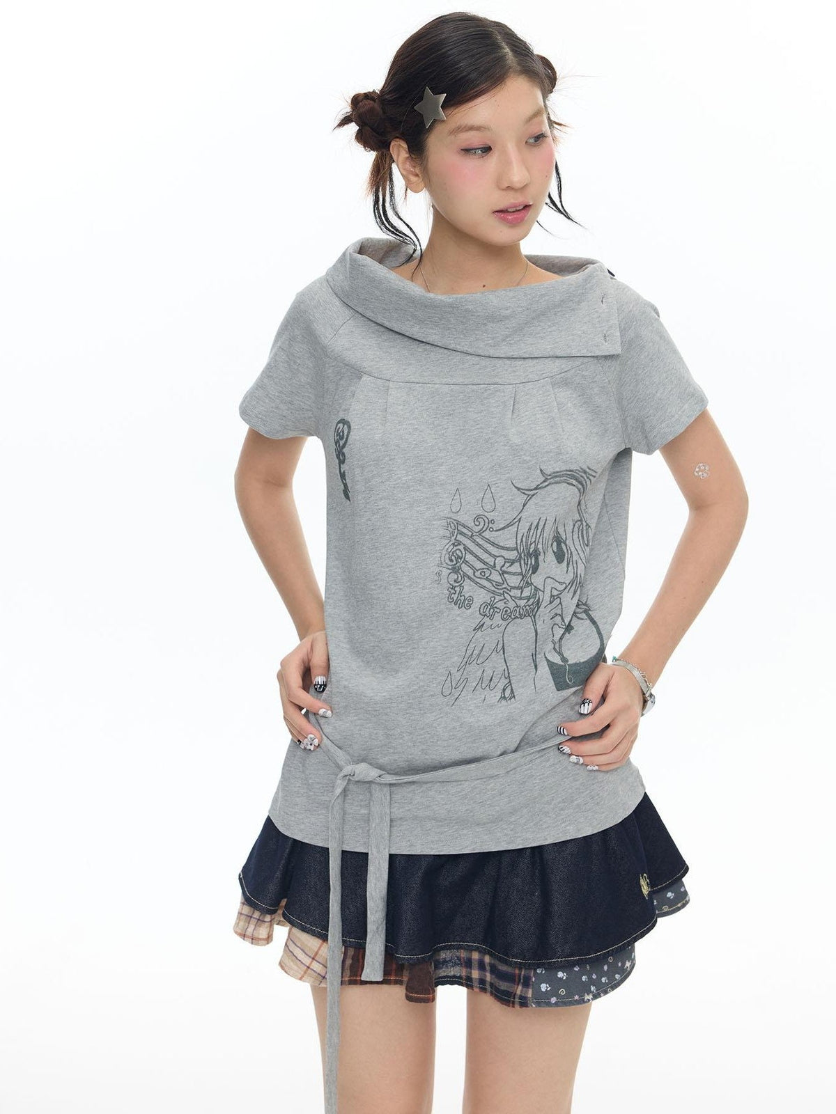 Heather Gray Multiway Polo Collar Loose Fit Women's Cotton Short Sleeve T-shirts