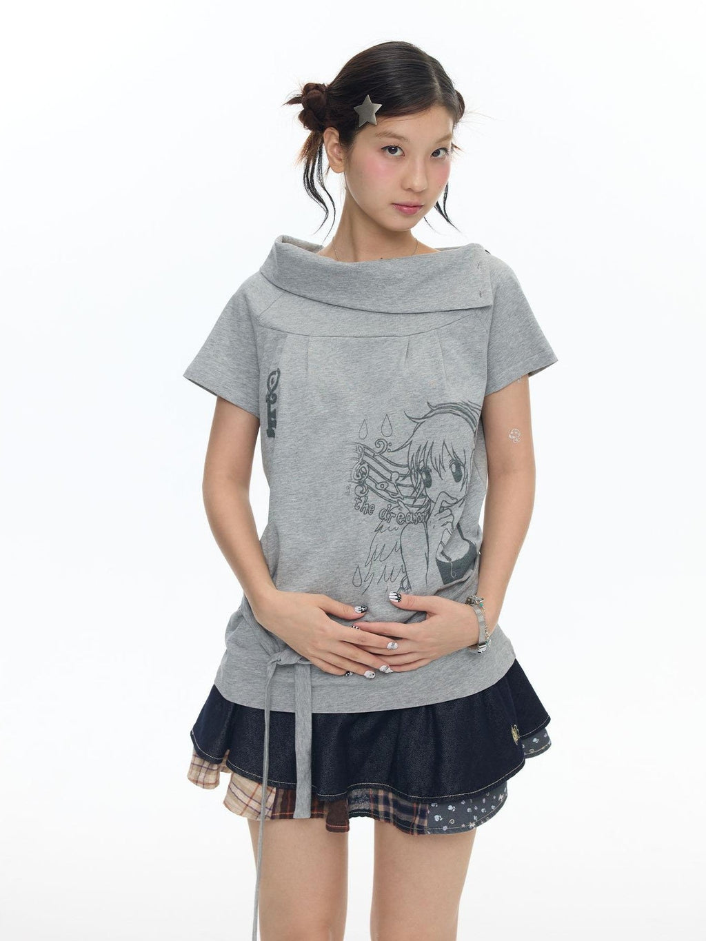Heather Gray Multiway Polo Collar Loose Fit Women's Cotton Short Sleeve T-shirts