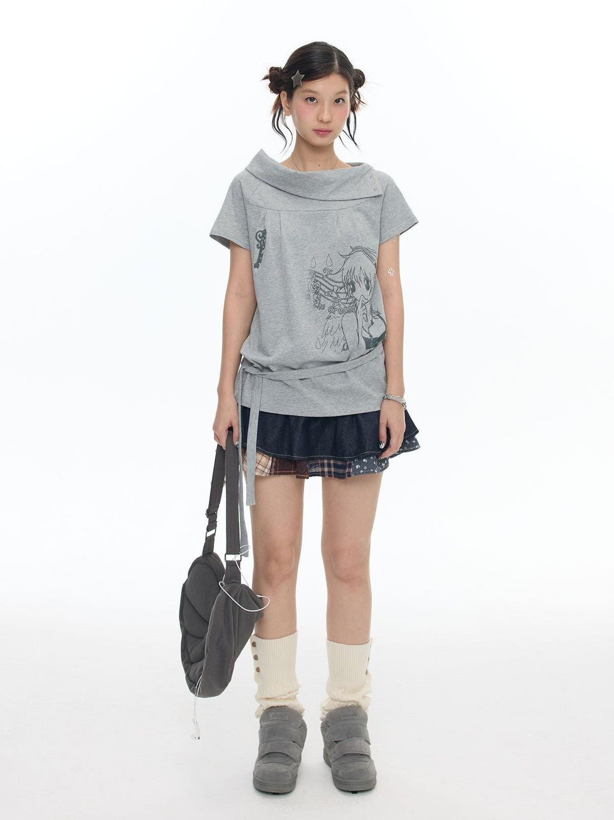 Heather Gray Multiway Polo Collar Loose Fit Women's Cotton Short Sleeve T-shirts