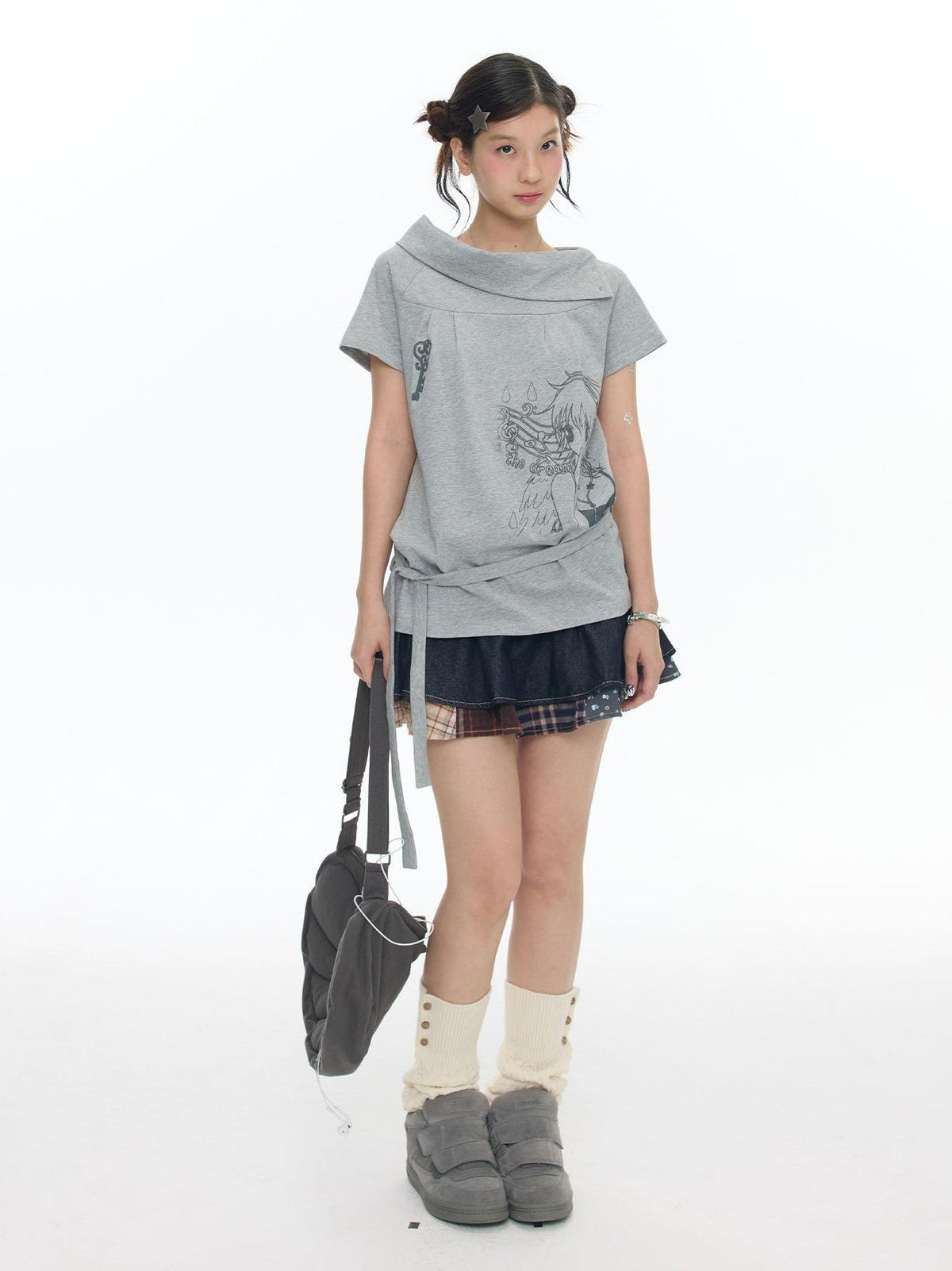 Heather Gray Multiway Polo Collar Loose Fit Women's Cotton Short Sleeve T-shirts