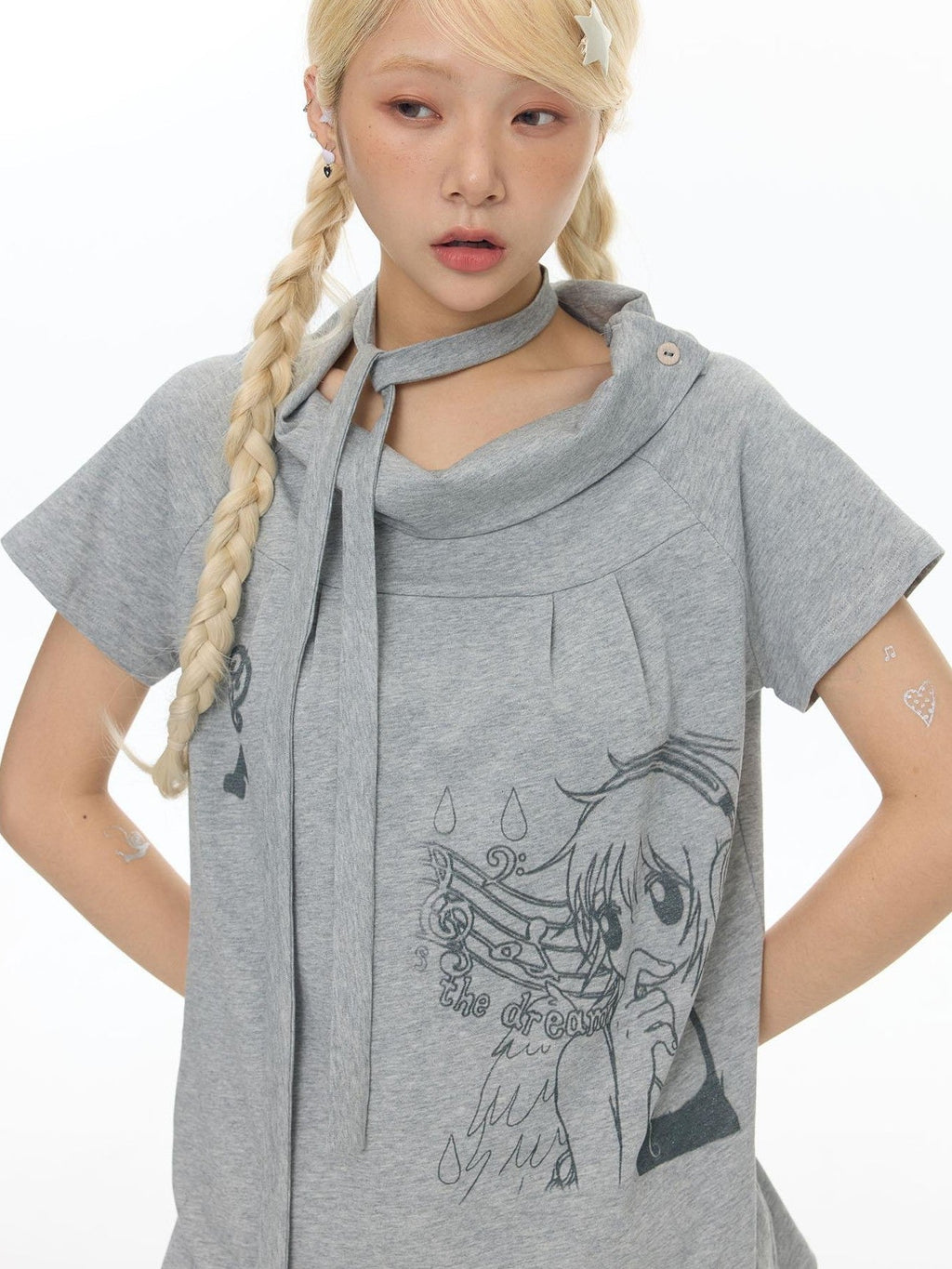 Heather Gray Multiway Polo Collar Loose Fit Women's Cotton Short Sleeve T-shirts