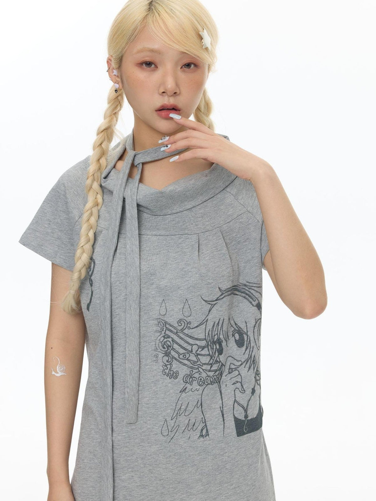 Heather Gray Multiway Polo Collar Loose Fit Women's Cotton Short Sleeve T-shirts