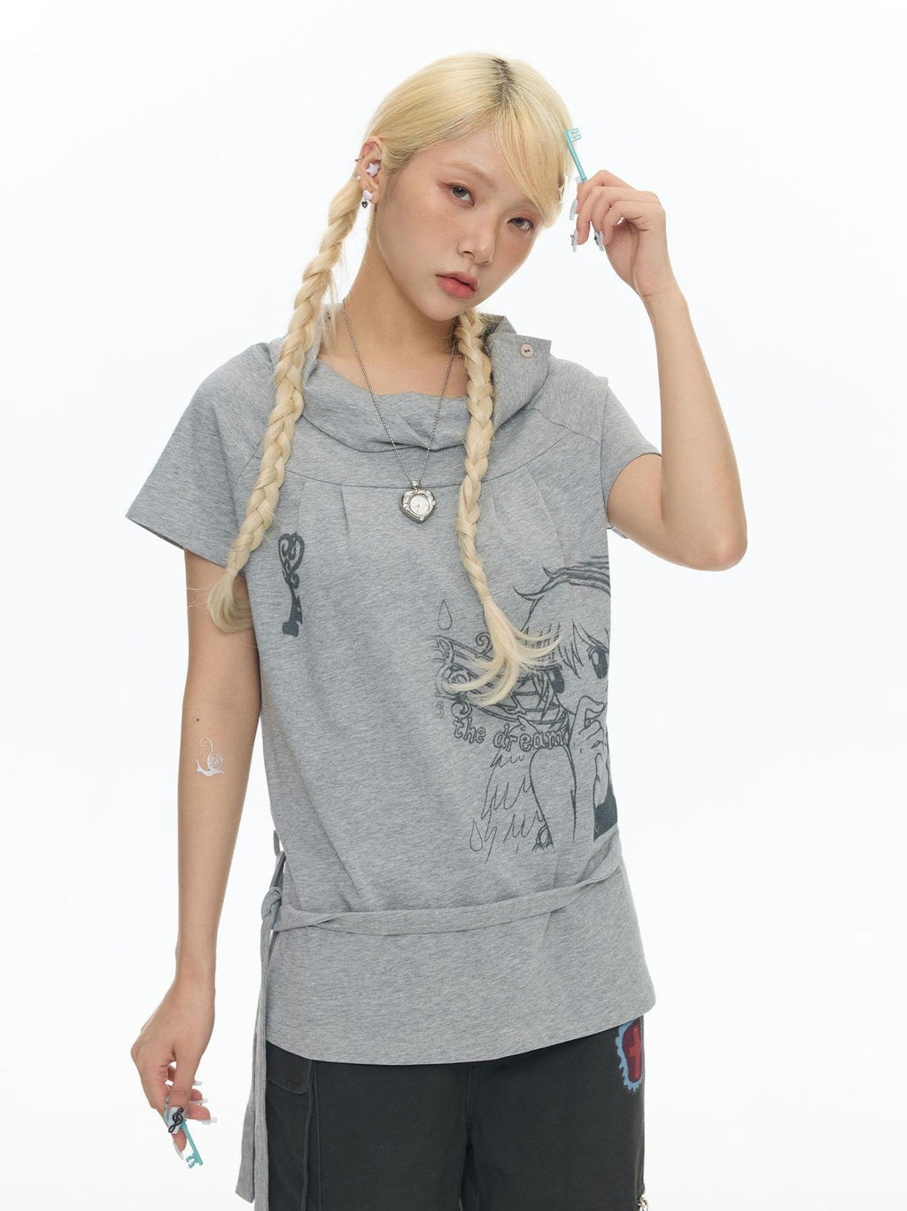 Heather Gray Multiway Polo Collar Loose Fit Women's Cotton Short Sleeve T-shirts