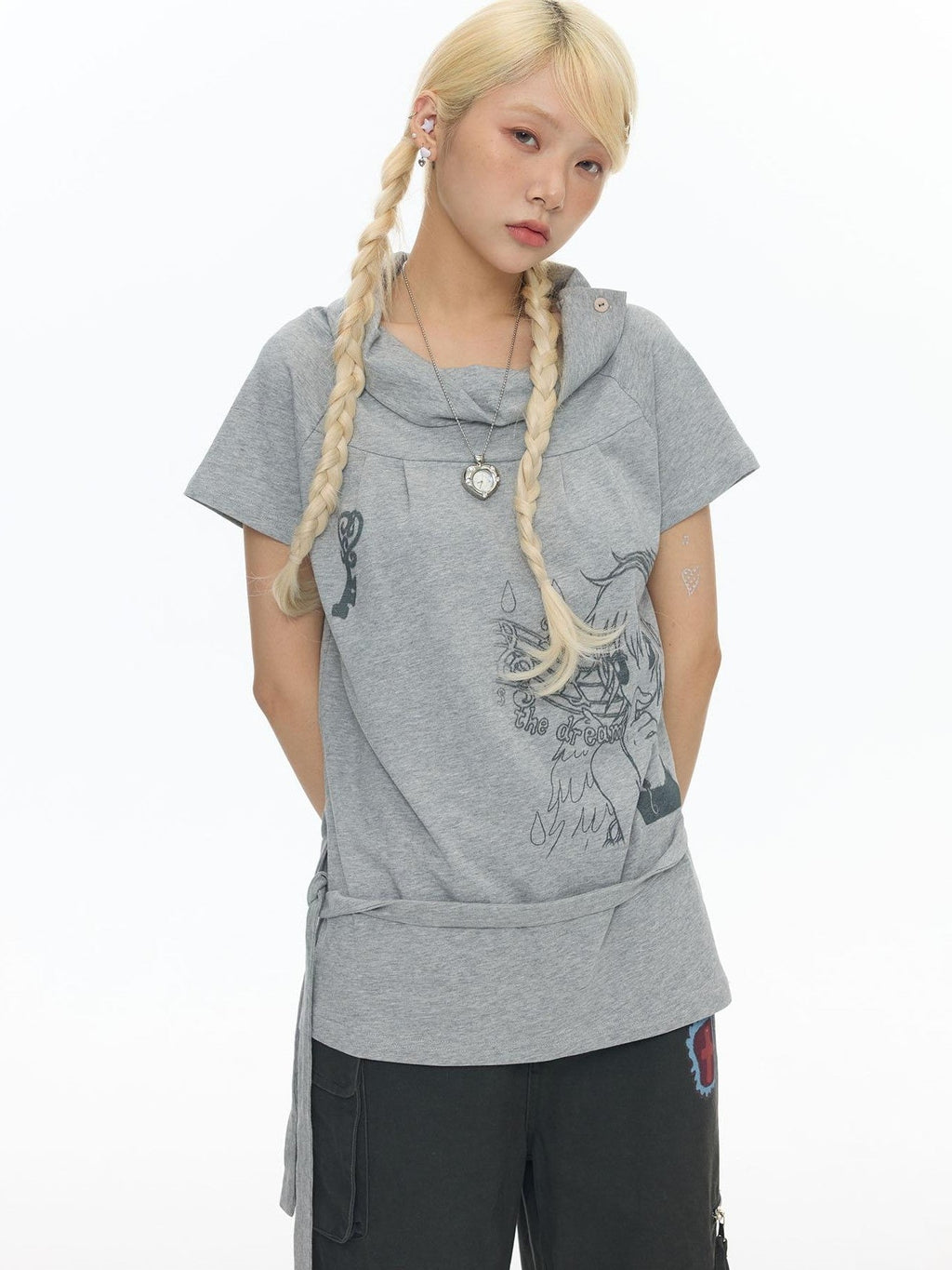 Heather Gray Multiway Polo Collar Loose Fit Women's Cotton Short Sleeve T-shirts
