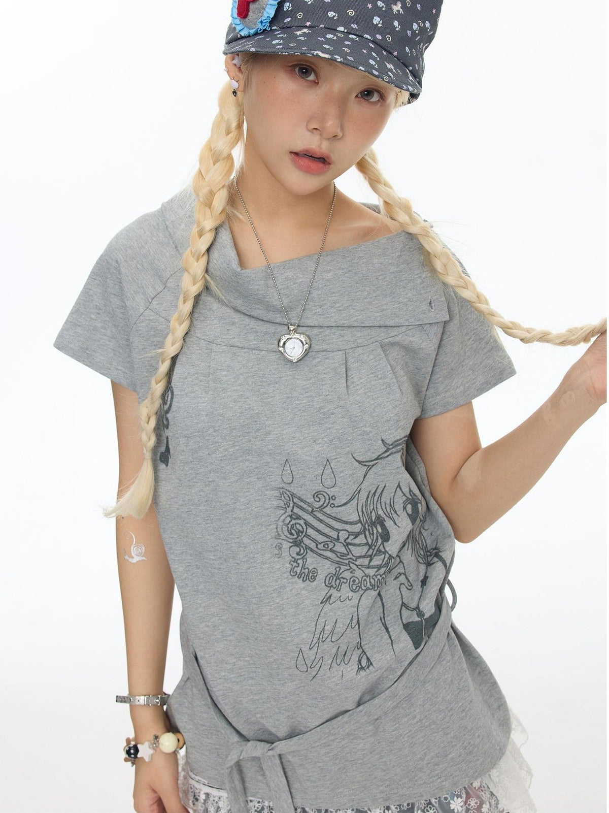 Heather Gray Multiway Polo Collar Loose Fit Women's Cotton Short Sleeve T-shirts