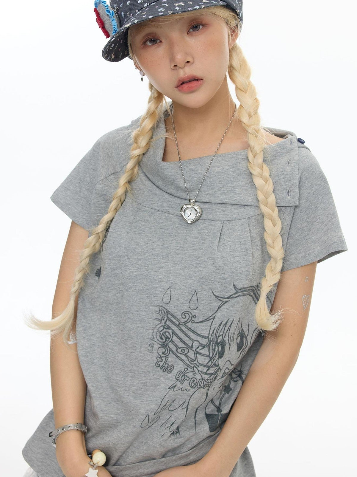 Heather Gray Multiway Polo Collar Loose Fit Women's Cotton Short Sleeve T-shirts