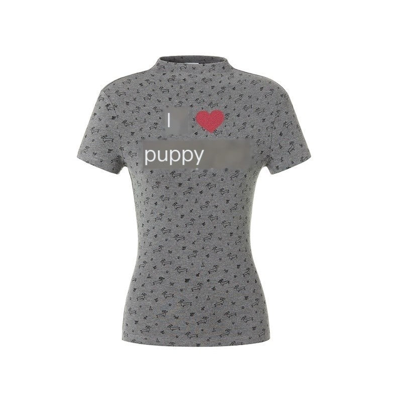 I Love Dog Glitter Print Mock Neck Women's Slim Fit Short Sleeve T-shirts