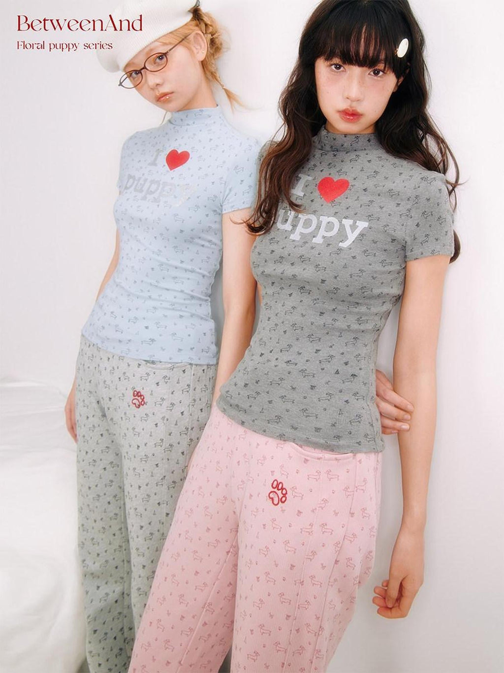 I Love Dog Glitter Print Mock Neck Women's Slim Fit Short Sleeve T-shirts