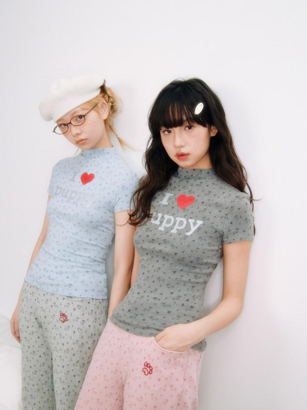 I Love Dog Glitter Print Mock Neck Women's Slim Fit Short Sleeve T-shirts