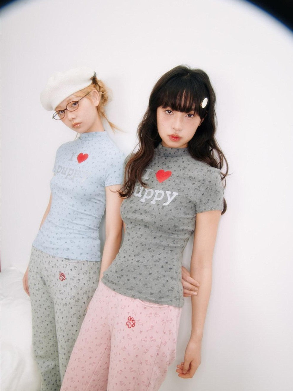 I Love Dog Glitter Print Mock Neck Women's Slim Fit Short Sleeve T-shirts