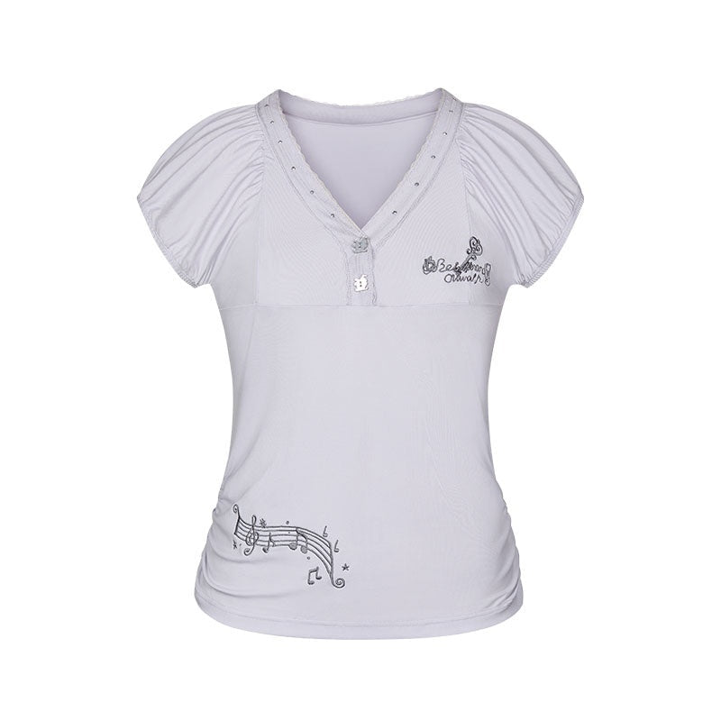 Lace Embroidered Musical Note Key Rhinestone Women's Modal Short Sleeve T-shirts