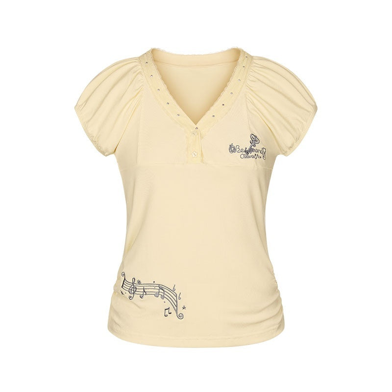 Lace Embroidered Musical Note Key Rhinestone Women's Modal Short Sleeve T-shirts
