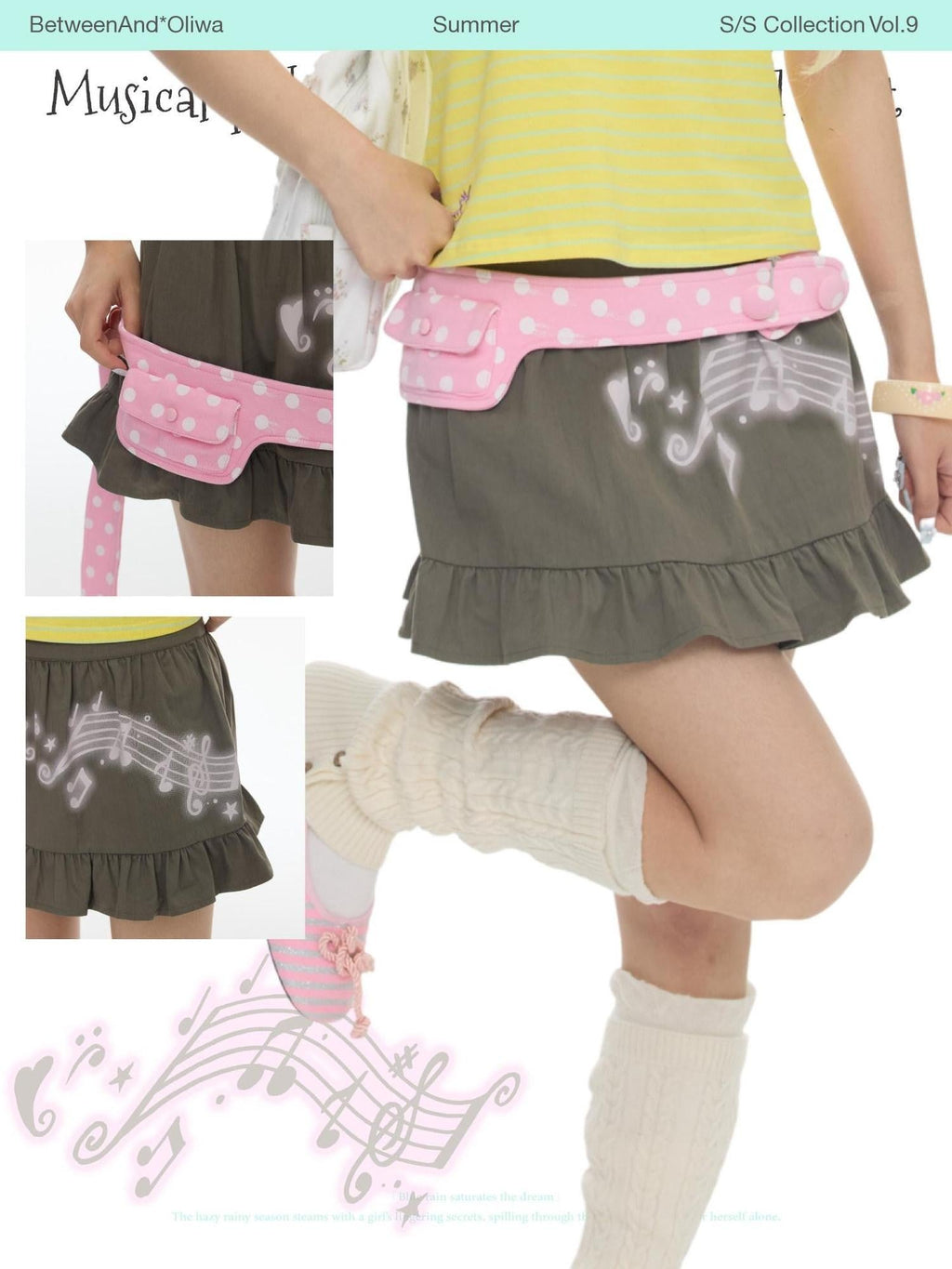 Latte Pleated Printed Note Polka Dot Women's Cotton High Waist Mini Skirts