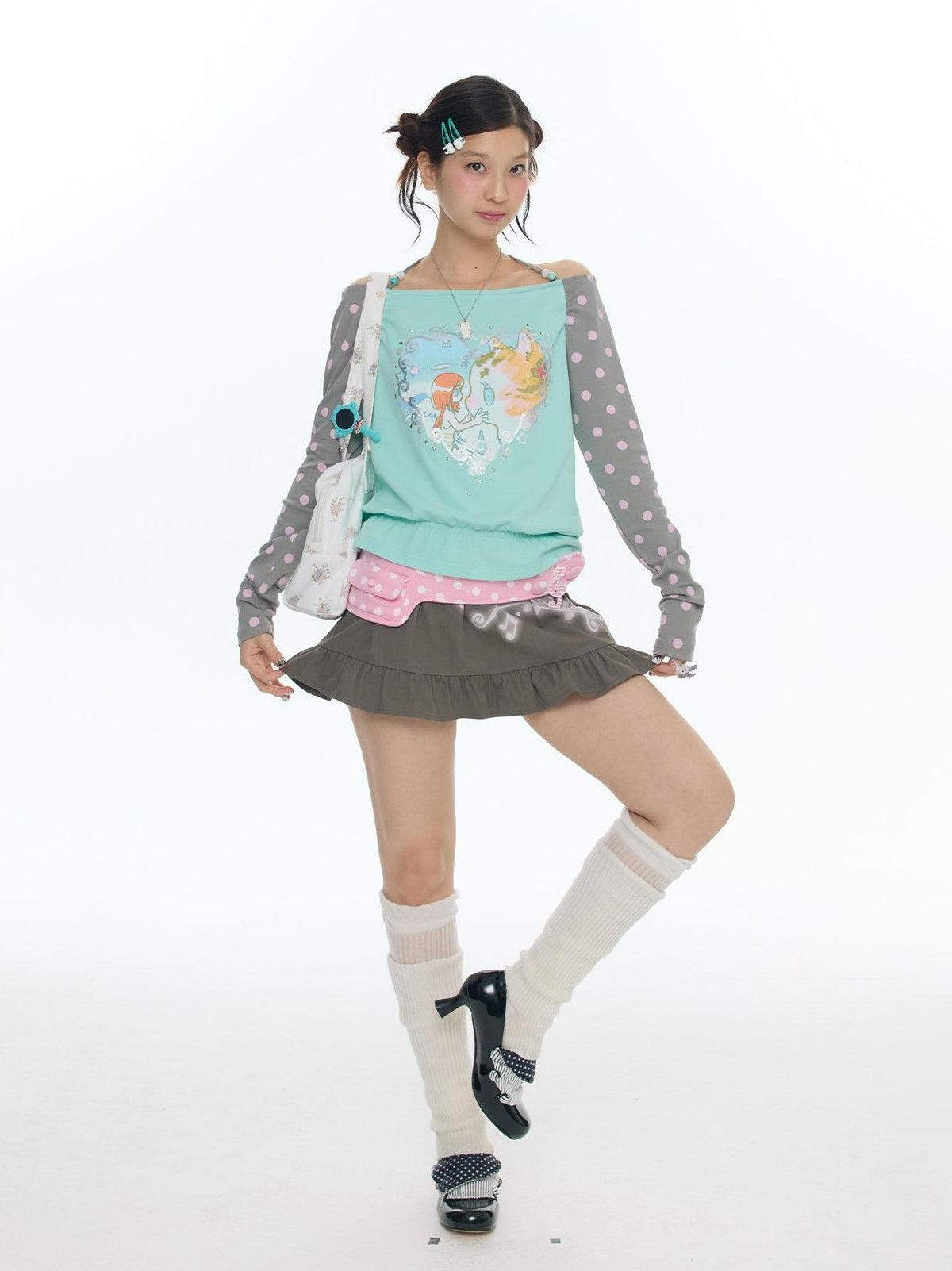 Latte Pleated Printed Note Polka Dot Women's Cotton High Waist Mini Skirts