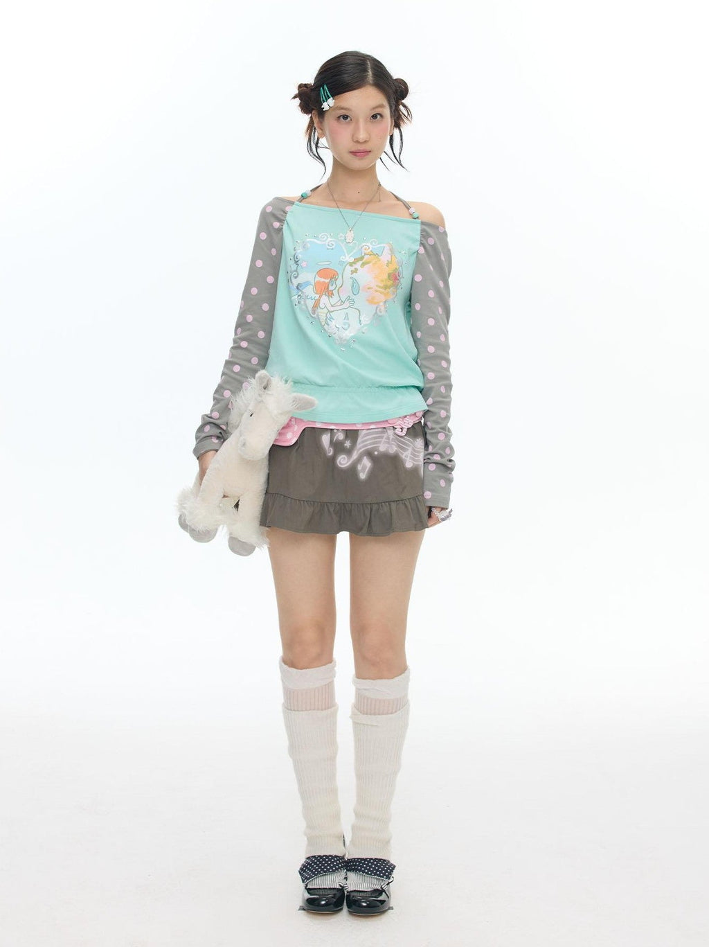 Latte Pleated Printed Note Polka Dot Women's Cotton High Waist Mini Skirts