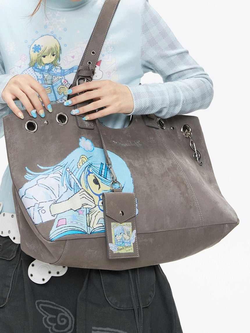 Milk Tea Gray Vintage Manga Girl Cartoon Large Capacity Women's Handbags