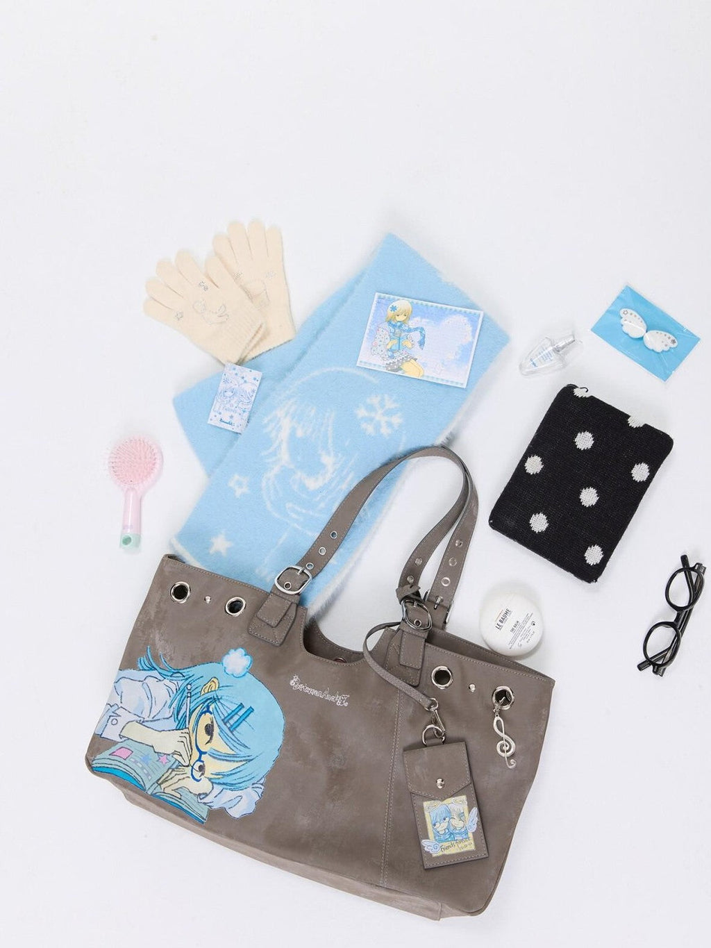 Milk Tea Gray Vintage Manga Girl Cartoon Large Capacity Women's Handbags