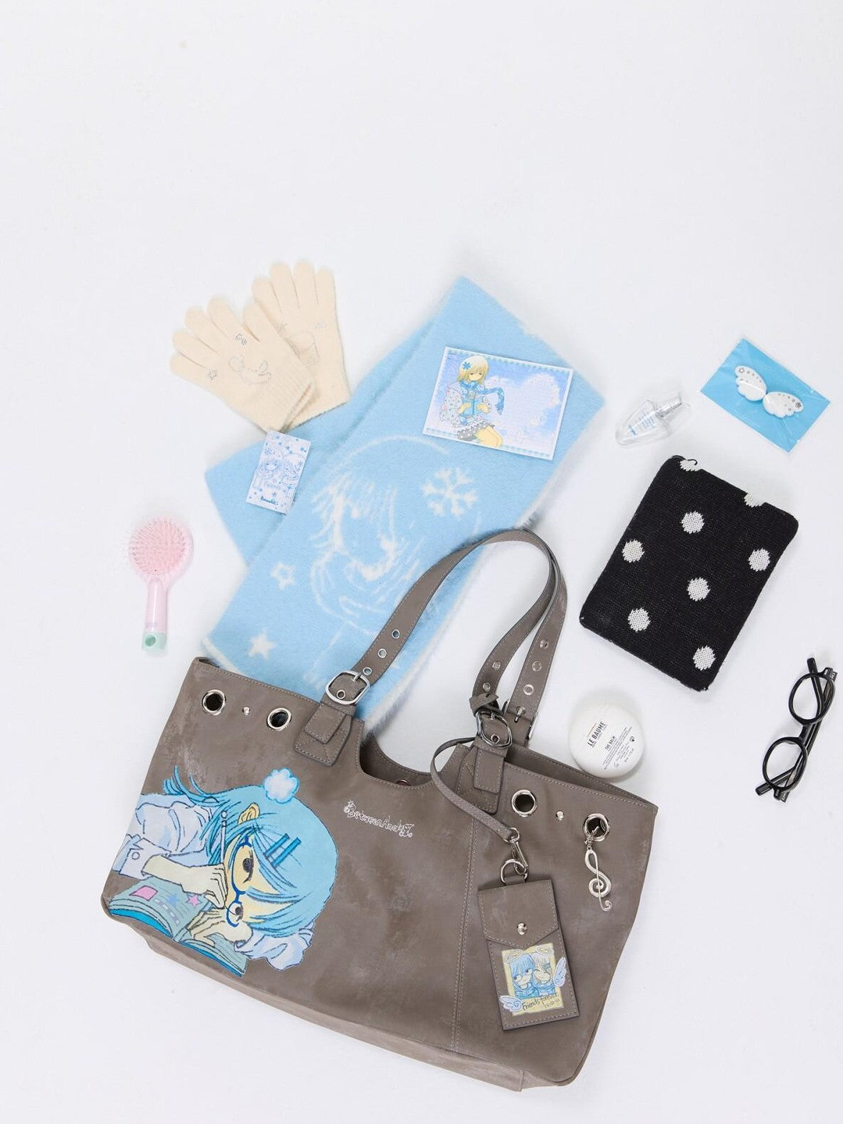 Milk Tea Gray Vintage Manga Girl Cartoon Large Capacity Women's Handbags
